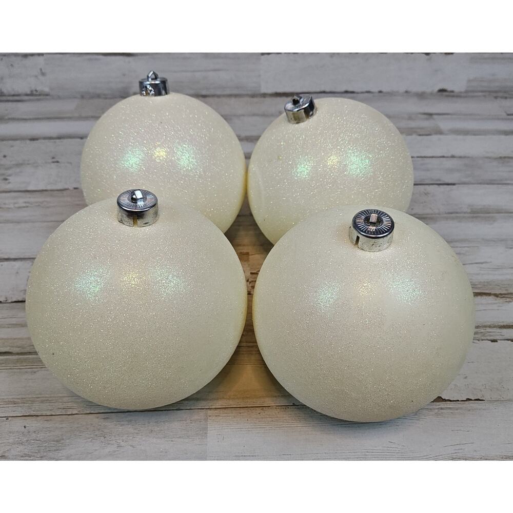 Set Of 4 Large White Iridescent Glitter Christmas Ball Ornaments Used Unbranded